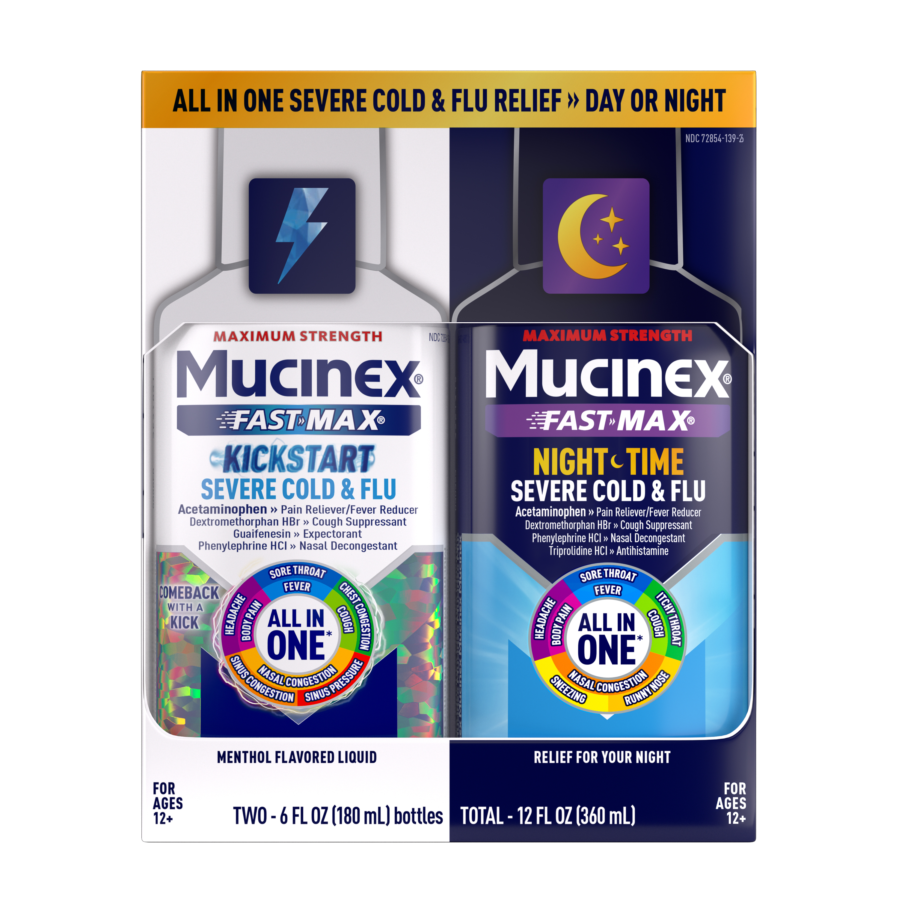 MUCINEX FASTMAX Adult Liquid  Severe Cold  Flu Kickstart  NightTime DAY